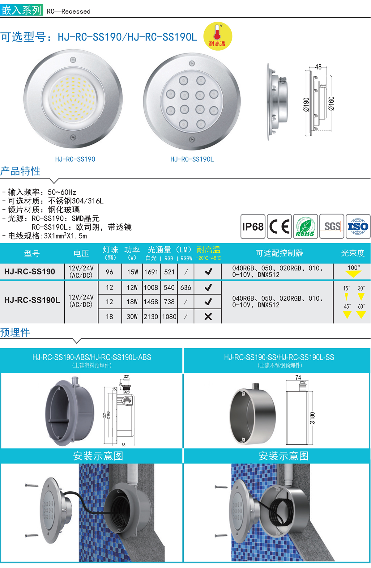 HJ-RC-SS190 嵌入式壁燈不銹鋼水底埋地泳池燈水下燈