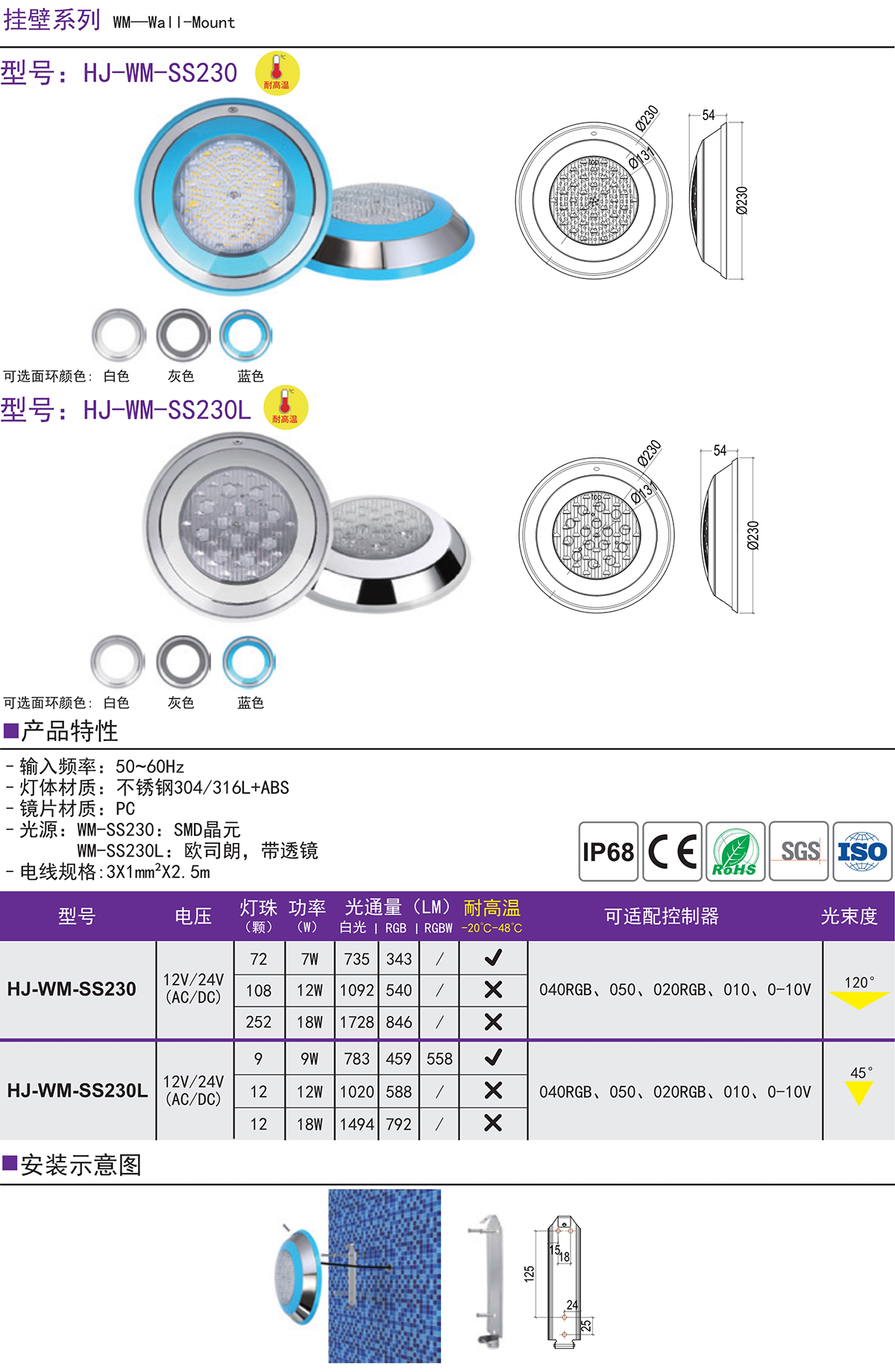 HJ-WM-SS300H 掛壁式泳池燈彩色燈光RGB水下燈游泳池水底燈